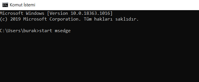 komut istemi ile edgeyi açmak