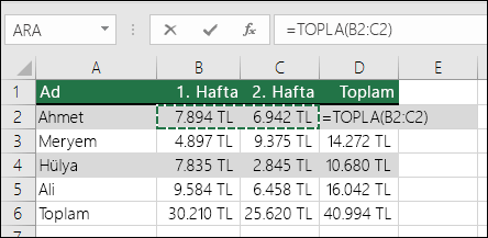 Excel satır toplama