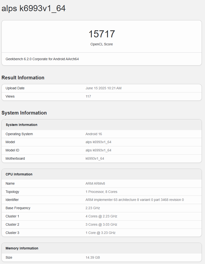 MediaTek Dimensity 9500, Geekbench OpenCL testinde